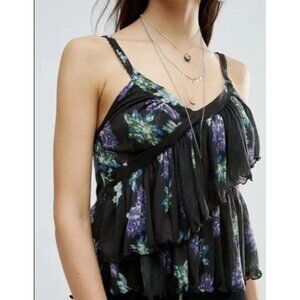 Free People Womens Floral Tiered Black Cami Top Size M